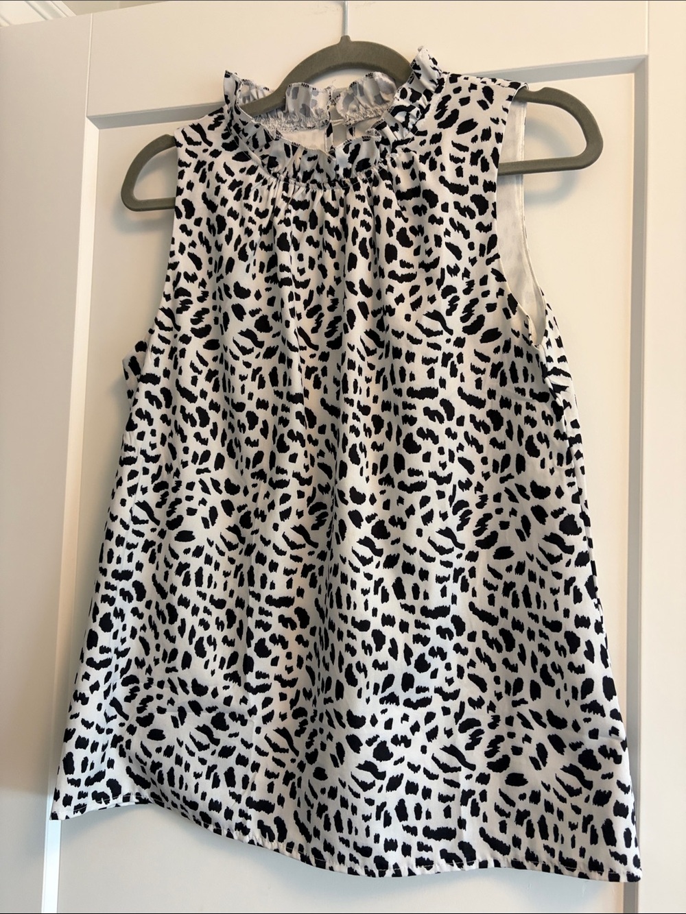 Sleeveless Ruffle-Neck Top - Black & White Animal Print